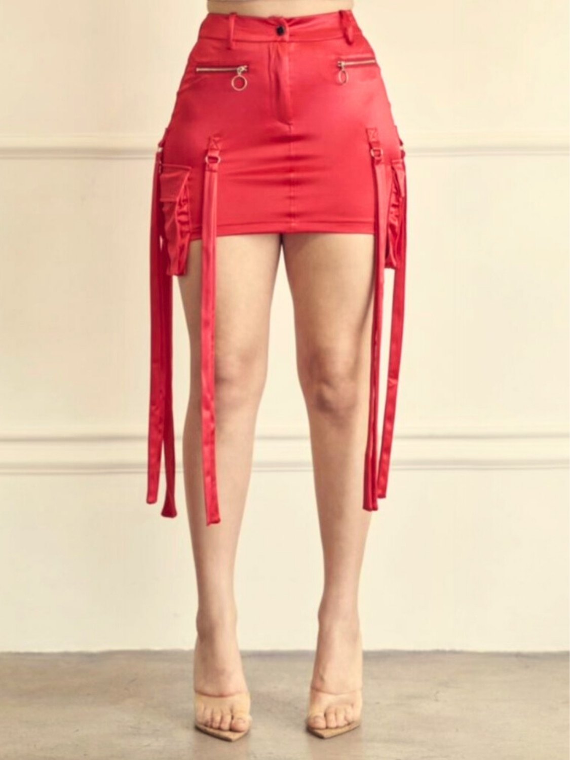 Red Satin Cargo Skirt