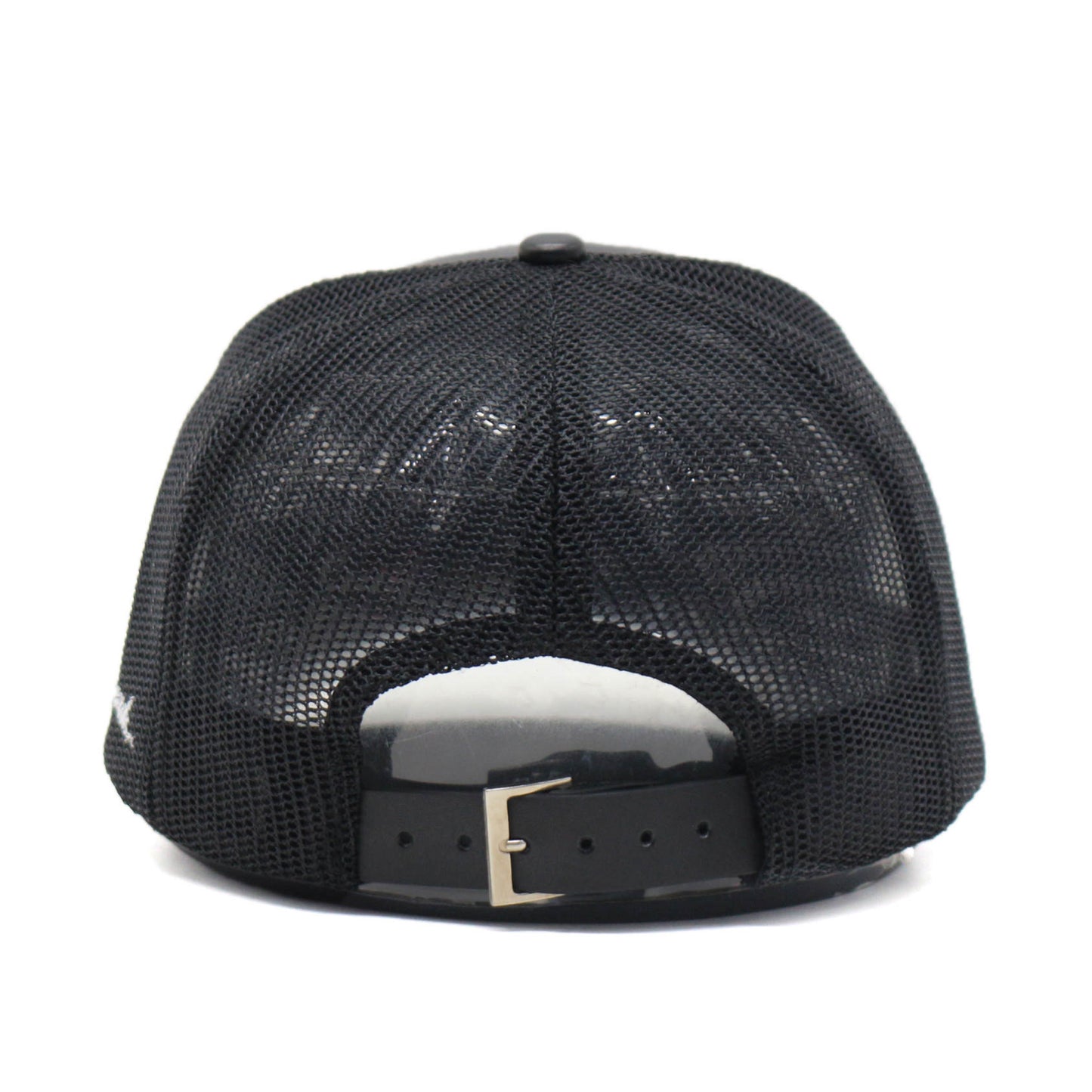 Back view of black leather mesh trucker cap with adjustable strap from Millionaire Millennial And Beyond