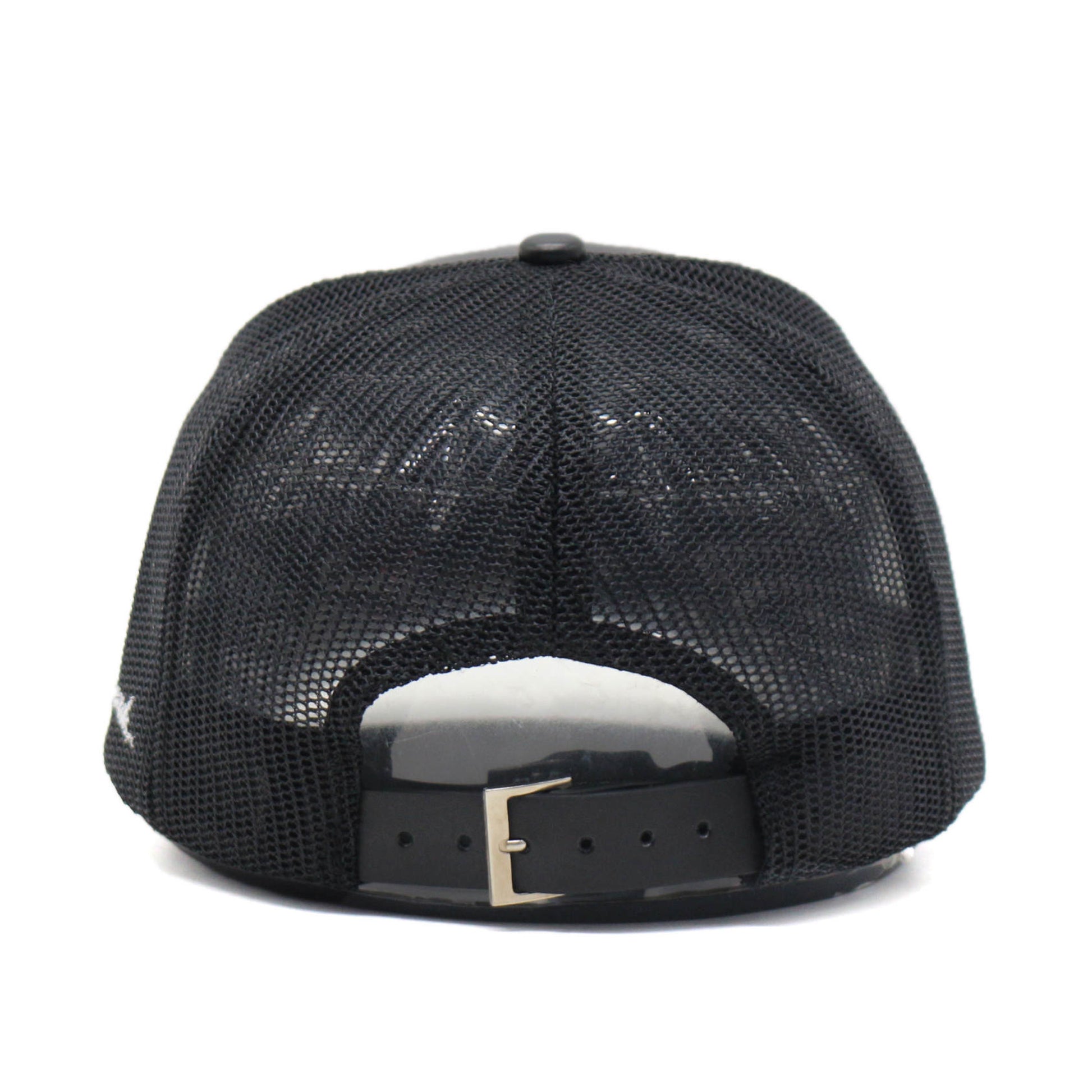 Back view of black leather mesh trucker cap with adjustable strap from Millionaire Millennial And Beyond