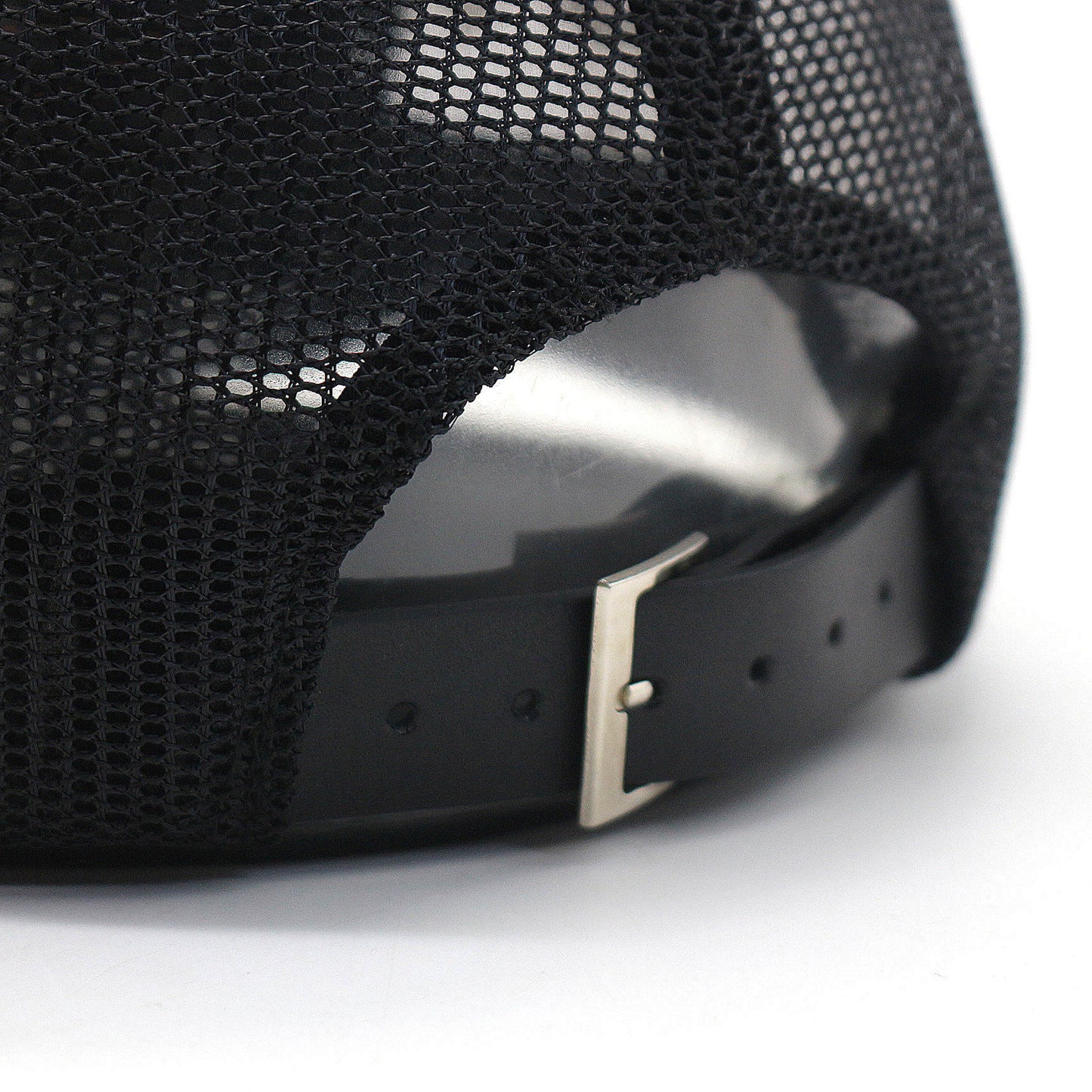 Adjustable black mesh strap at the back of the Millionaire Millennial hat with silver buckle