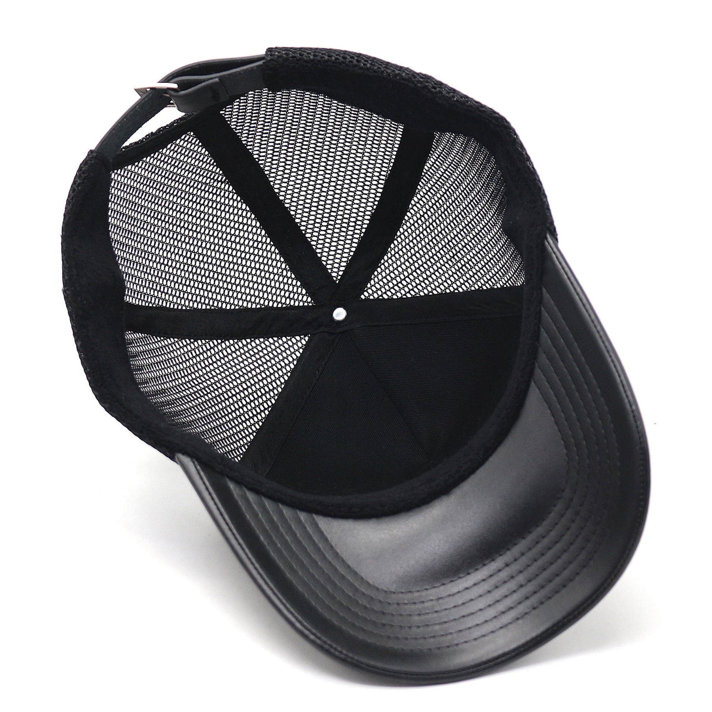 Inside view of black leather mesh trucker hat with adjustable strap and curved visor by Millionaire Millennial And Beyond