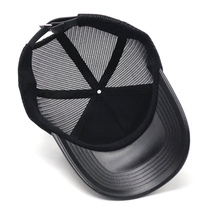 Inside view of black leather mesh trucker hat with adjustable strap and curved visor by Millionaire Millennial And Beyond